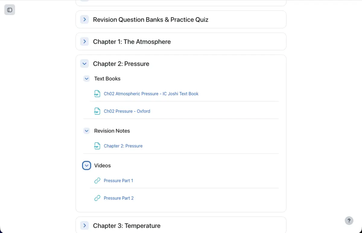Moodle chapter page with textbooks, revision notes and videos
