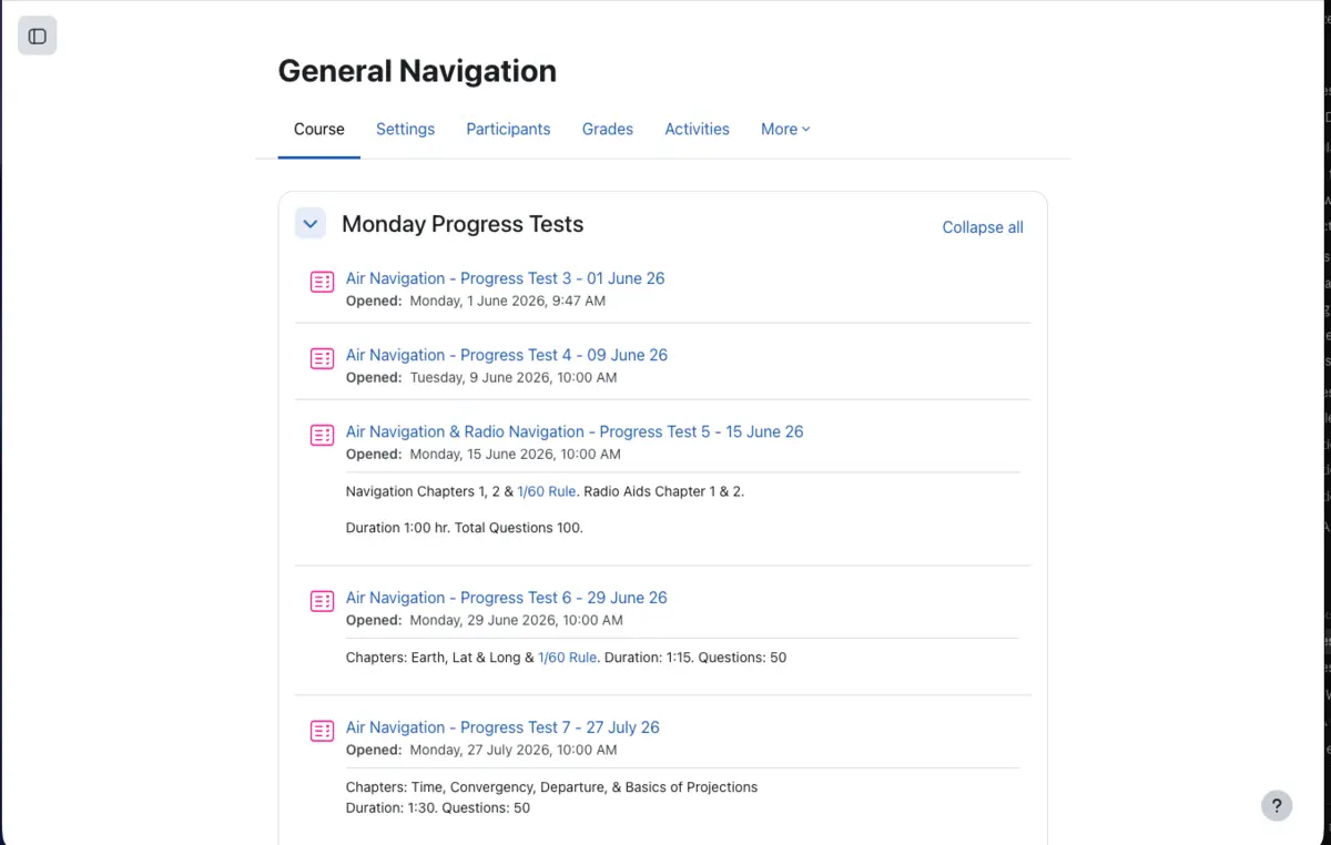 Weekly progress tests in the Aerogenesis Moodle LMS